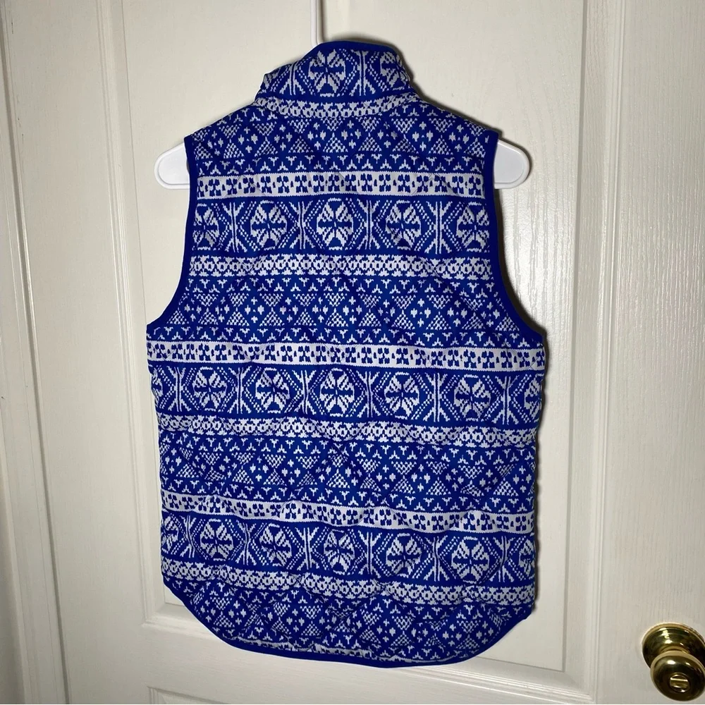 J. CREW Puffer Down Vest Women's XS Blue Fair Isle Waterfowl Feather Cabincore